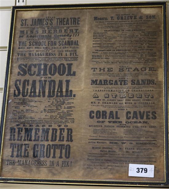 An 1866 St Jamess Theatre School for Scandal playbill, 40 x 34cm